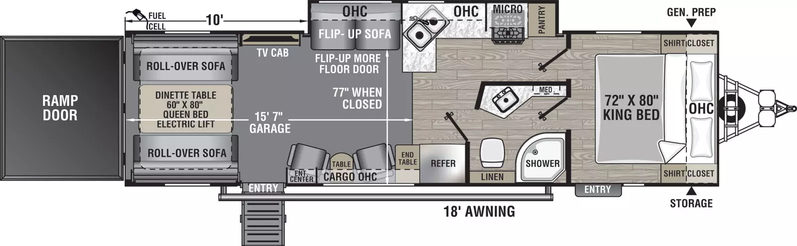 The 29SS has one slide out on the off-door side and two entry doors on the door side. Interior layout from front to back: front bedroom with side-facing king bed and overhead cabinet; walk through bathroom on door side; kitchen living dining area with off-door side slide out containing kitchen and flip-up sofa with overhead cabinet; kitchen containing pantry, cook top stove, overhead microwave, double basin sink, and overhead cabinet; two euro chairs on door side with table and overhead cabinet; television cabinet on off door side; one roll-over sofa on door side and one roll-over sofa on the off door side of the unit; dinette table; and rear ramp door.