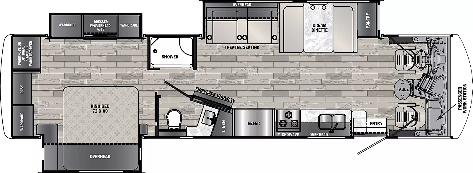 The 34MH is a 3 slide floorplan, 2 off-door side slide out, 1 door side slide out.  Interior front to back; cab with table, passenger work station.  Off-door side slide out; pantry, booth dinette, theater seating,  overhead cabinet.  Off-Door side shower. 2nd off-door side slide out; wardrobe, dresser with overhead and TV, wardrobe.  Wardrobe or optional stacked washer / dryer, desk, wardrobe in rear of coach.  Door side; kitchen with overhead, microwave,  refrigerator, linen, TV with fireplace underneath, Lav.  Door side slide out; king bed, 72x80, overhead cabinet.