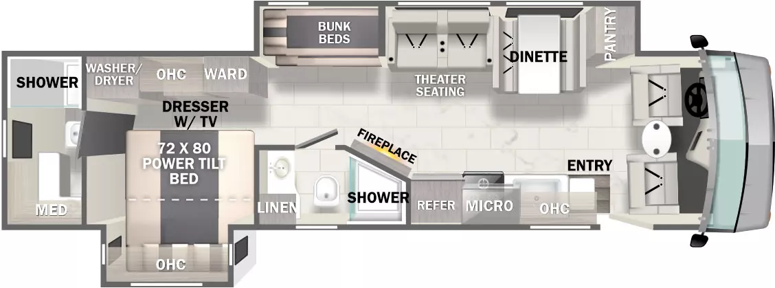 The Georgetown 7 Series GT7 36K7 floorplan has one entry and two slide outs. Exterior features include: 18' awning. Interiors features include: bunk beds and two full bathrooms.