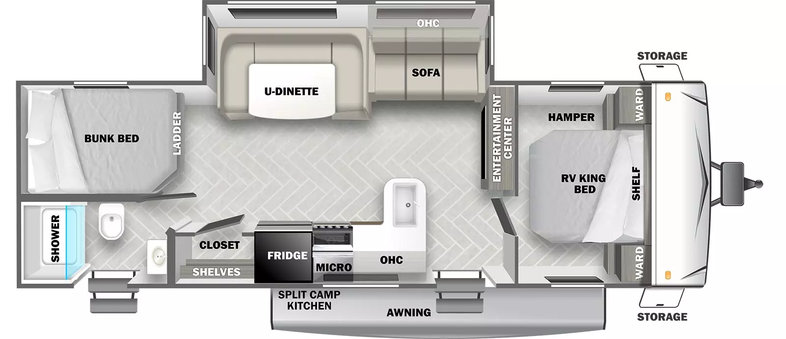 The T2600BHL has 1 slide out on the off-door side and 2 entry doors. Exterior features include: a split camp kitchen in between the entry doors; an awning over 1 entry door, and exterior storage. Interior layout from front to back includes: front bedroom with RV King bed, opposing side wardrobes, shelf over bed and hamper; rear facing entertainment center; off-door side slide out holding a U-Dinette and sofa; door side kitchen with refrigerator, overhead microwave and cabinet, stovetop and L-shaped countertop with sink; door side closet with shelves; rear door side corner bathroom with shower, toilet, sink and outside entry door; and rear off-door side corner bunk beds with ladder.