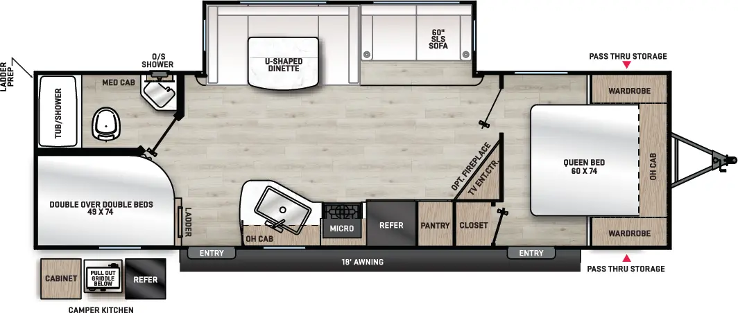 The Aurora 280BHS floorplan has two entries and one slide out. Exterior features include: fiberglass exterior, 18' awning and outside kitchen. Interiors features include: bunk beds, u-dinette and front bedroom.