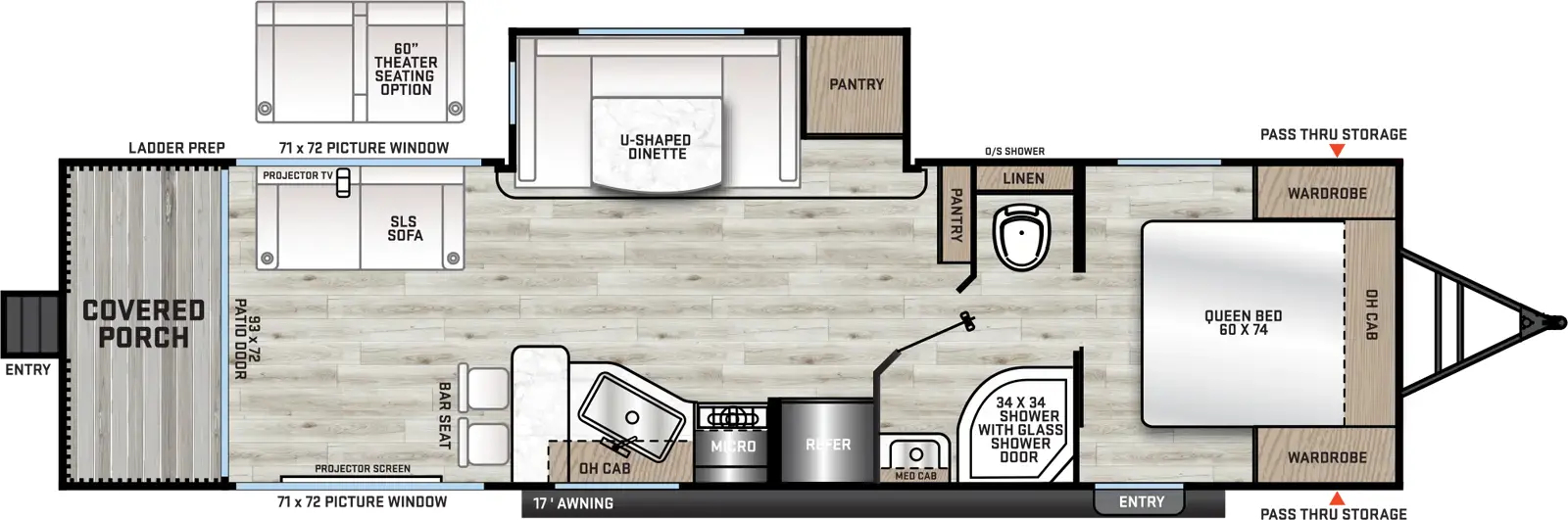 The Aurora 28EPIC floorplan has two entries and one slide out. Exterior features include: metal exterior and 17' awning. Interiors features include: u-dinette, front bedroom and pass through bathroom.